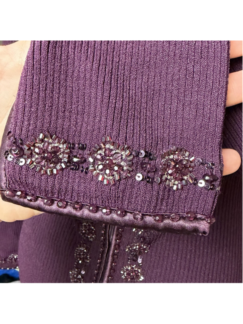 Cache Y2K 90s Purple M Gabrielle Solis Off Shoulder Beaded Zip Up Sweater Ribbed - Picture 15 of 16